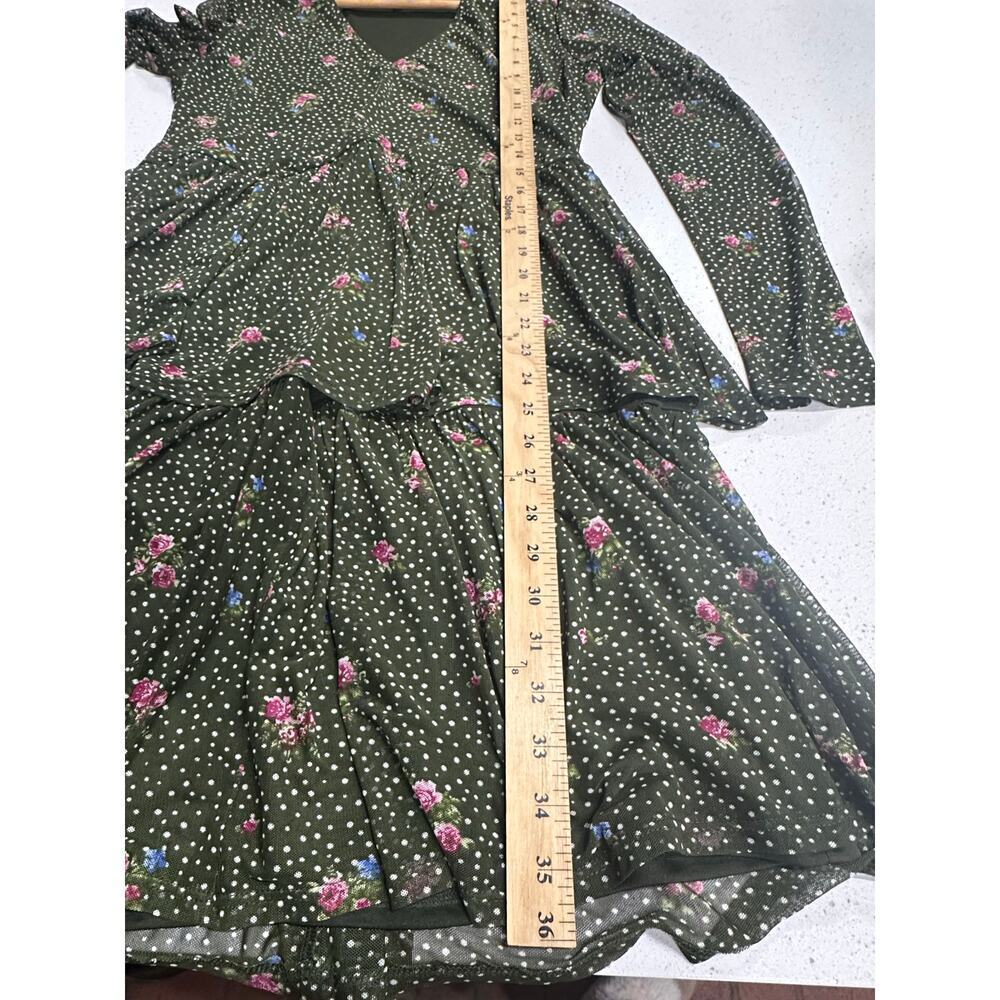 AVLN Studio Green Floral Tiered Dress Sheer Long Sleeve Fairy Forest Whimsical L - Picture 10 of 12